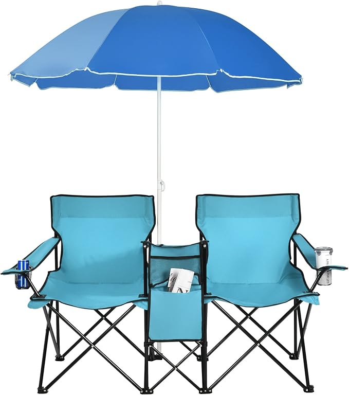 Goplus Double Camping Chair with Umbrella, Folding Loveseat Chairs w/Canopy Shade, Carrying Bag, Table, Cup Holder, Portable Beach Chairs Outdoor Picnic Patio (Turquoise) by Goplus