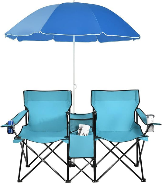 Goplus Double Camping Chair with Umbrella, Folding Loveseat Chairs w/Canopy Shade, Carrying Bag, Table, Cup Holder, Portable Beach Chairs Outdoor Picnic Patio (Turquoise) by Goplus