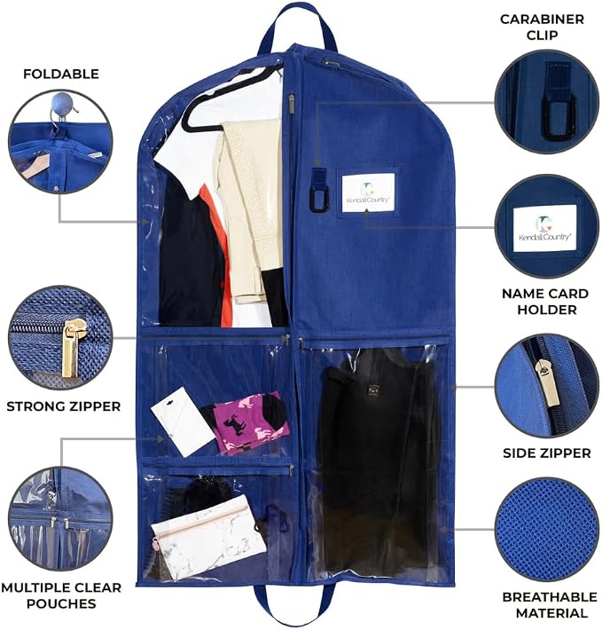 Waterproof Hanging Garment Bag 40 inch Clothes Bag with Gusset, 2 Pack, 5 Pockets & Side Zip for Dance Costumes, Sports, Skating, Theatre, Beauty Pageants,Cheer & More by Kendall Country, Navy Blue - Image 3