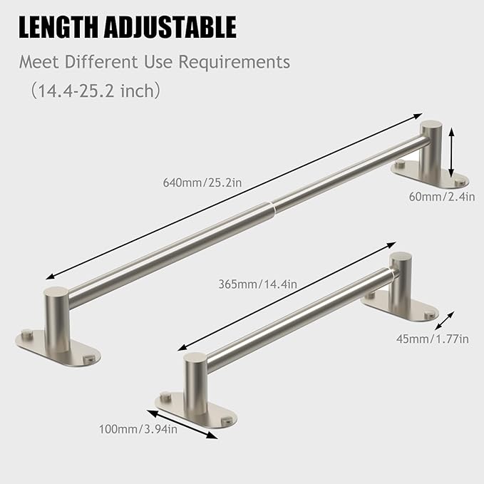 Towel Bar, Adjustable 14.4inch - 25.2inch Towel Rack, Self Adhesive & Wall Mounted for Bathroom Kitchen Hand Towel Holder Cloths Hanger SUS 304 Stainless Steel Single Bar (2, Brushed Nickel) - Image 3