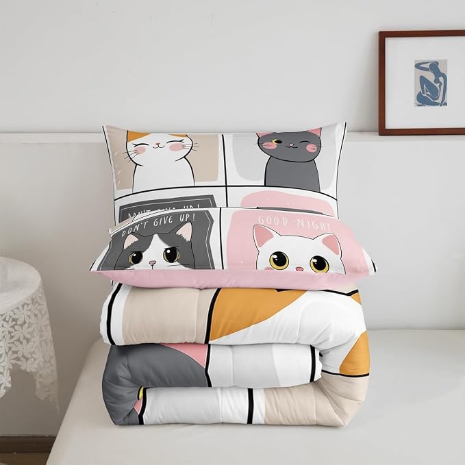 Erosebridal Kawaii Cats Comforter Set King,Pink Grey Cute Little Cat Down Comforter Adorable Kitten Animal Bedding Set for Kids Boys Girls Patchwork Cartoon Doodle Quilt Duvet Set with 2 Pillow Cases - Image 7