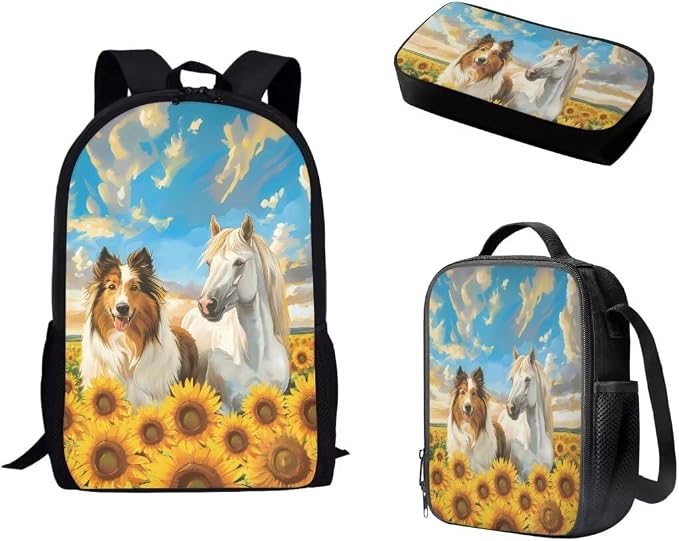 Mumeson Dog Sunflower Backpack Bookbags for Child Kids Lightweight Large Capacity Backpack Daypack + Thermal Insulated Lunch Bags + Lightweight Pencase Pencil Bags 3 Pack by Mumeson