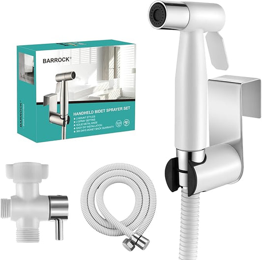 BARROCK Handheld Bidet Sprayer for Toilet, Stainless Steel Metal Made Baby Cloth Diaper Spraying Kit, Bathroom Toilet Bidet Attachment Set for Bathing Pets and Feminine Hygiene, Chrome and White