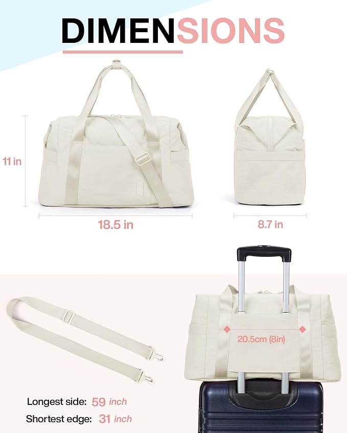 BAGSMART BAGSMART Gym Bag for Women, Carry on Weekender Overnight Bag, Travel Duffel Bags with Trolley Sleeve, Personal Item Travel Bag Tote Bag Workout Dance Bag(Light Beige,Medium) - Image 2
