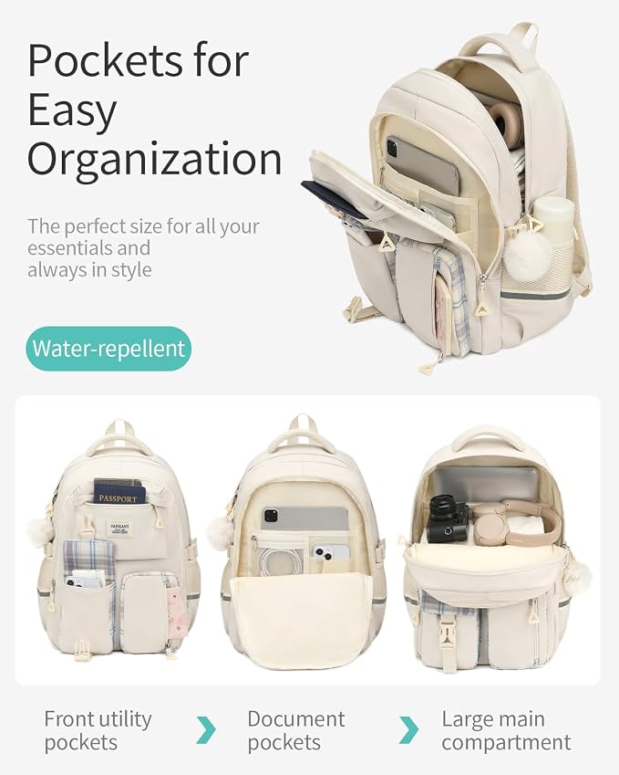 School Backpack for Teen Girls, Big Student Laptop Backpack Aesthetic Bookbags for College Women Elementary Middle High School Travel Mochilas Escolares, Beige - Image 2