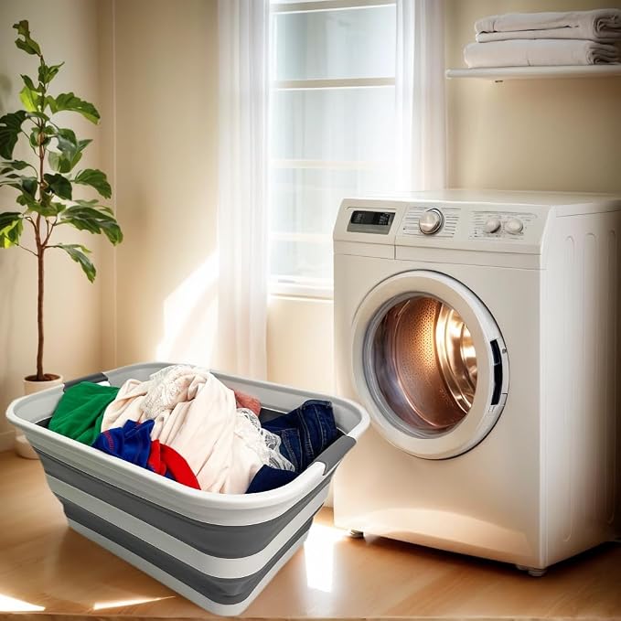 SMMART Collapsible Plastic Laundry Basket with Handle/Foldable Pop Up Storage Hamper/Portable Laundry Organizer-Space Saving Washing Tub/Household Storage Supplies (Grey/Steel Grey, 42L (Set of 2)) - Image 2