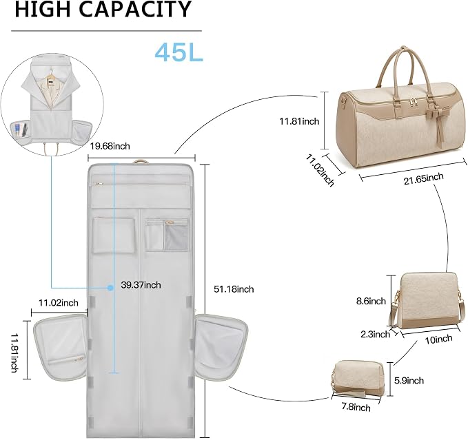 Garment Bags for Travel,45L Carry on Convertible Garment Duffle bag for Men Women - 3 in 1 Hanging Suit Travel Bag with Shoulder Strap (Beige brown) - Image 3