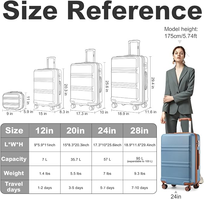 Kono 24 Inch Luggage Suitcase with Spinner Wheels TSA Lock | Lightweight PC+ABS Hardside Medium Checked Luggage Durable Rolling Suitcase Apricot Blue - Image 3