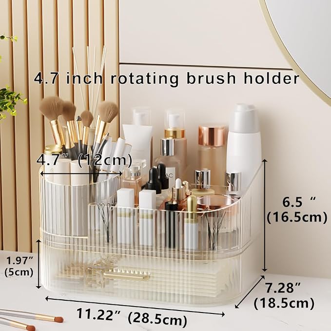 360° Rotating Makeup Organizer with Drawer, Clear Acrylic Cosmetic Storage Display, Stackable Beauty Counter (Clear, Large (Tray + 1 Drawer)) - Image 2