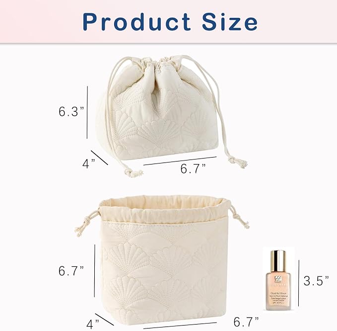 RSRSLEII Quilted Cotton Coquette Drawstring Makeup bag, Coastal Granddaughter Aesthetic Cosmetic Bag, Cute Seashell Portable Travel Toiletry Pouch (Drawstring White) - Image 2
