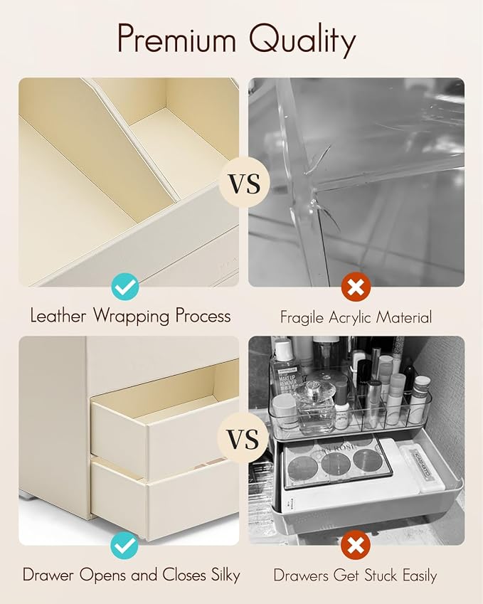 VLANDO Makeup Organizer for Vanity,Large Capacity Bathroom Counter Organizer with Drawers,PU Leather Skin Care Storage for Lipstick,Brushes,Perfumes (Beige) - Image 3