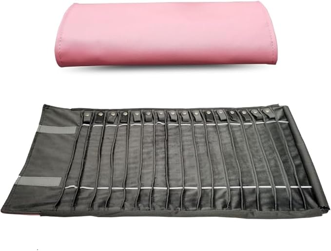 Travel Necklace Organizer, Tangle Free Jewelry Case, 16 Slots | Foldable,LightWeight Compact, Velvet Lining Jewelry Storage Bag for Chain Bracelet, Gift for Women Girls,Pink PU Gray Velvet by SCIKHEFT