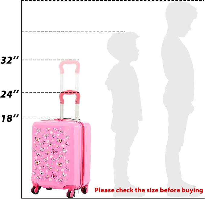 Sanwuta 4 Pcs Kids Luggage Set Back to School Gifts for Girls Boys Carry On Rolling Suitcase Backpack Neck Pillow Travel Set(17 Inch,Butterfly Style,Rose Pink) - Image 3
