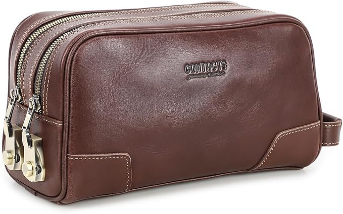 CONTACTS Full Grain Leather Toiletry Bag with Lock for Men Travel Bag Shaving Dopp Kit Organizer Clutch with Handle and Double Combination Lock by CONTACTS