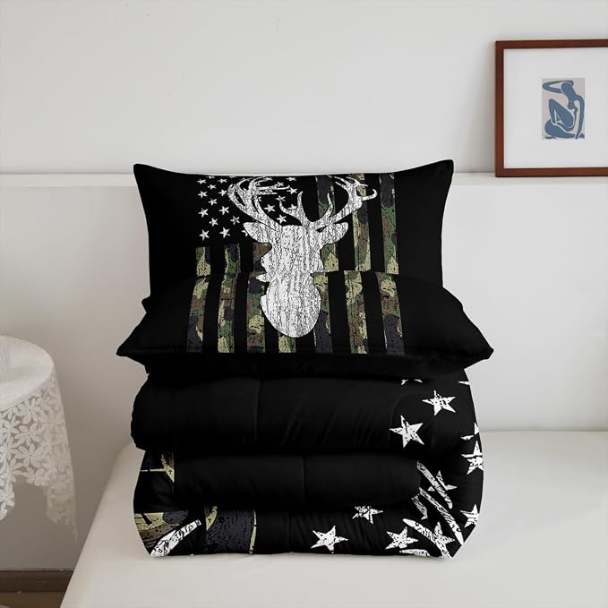 Camo Twin Bedding Set for Boys Army Green Camo American Flag Comforter Set,Teen Camouflage Deer Hunting Bedding Comforter Sets Rustic Farmhouse Woodland Animal Bedding Quilt Black White 1 Pillowcase - Image 5