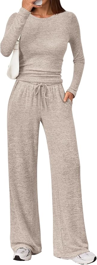 LILLUSORY Womens 2 Piece Matching Lounge Sets 2026 Fall Fashion Outfits | Long Sleeve Top & Drawstring Wide Leg Pants with Pockets, Workout Gym Comfort Sweat Suit, Travel Airport Vacation Clothing by Lillusory
