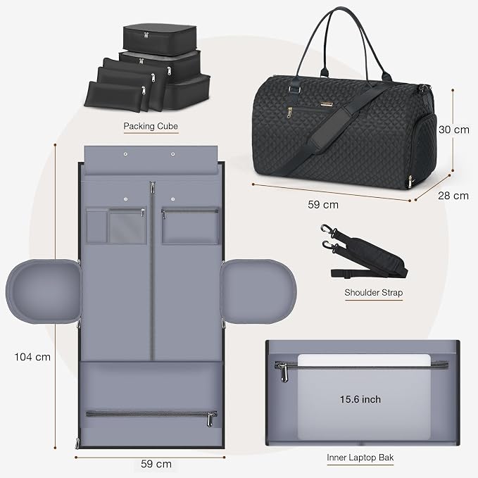Garment Bags with 6 Set Packing Cubes, Garment Convertible Weekender Bag for Women, Large Carry On Garment Bags for Travel, Duffle Bag Garment Bag Gifts Black Color - Image 4