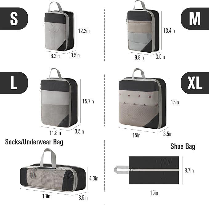 WOOMADA Compression Packing Cubes for Suitcases Travel Essentials 6 Set Rectangle Mesh Expandable Travel Bags Organizer for Luggage - Image 2
