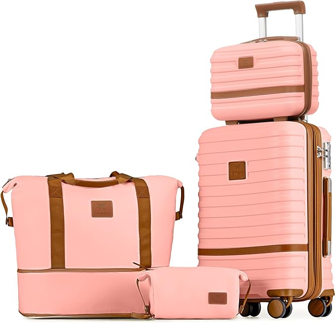 Joyway Carry On Luggage 20 Inch Expandable Suitcase with Spinner Wheel, 4 Piece Hard Shell Luggage Set with TSA Lock(Pink brown) by Joyway