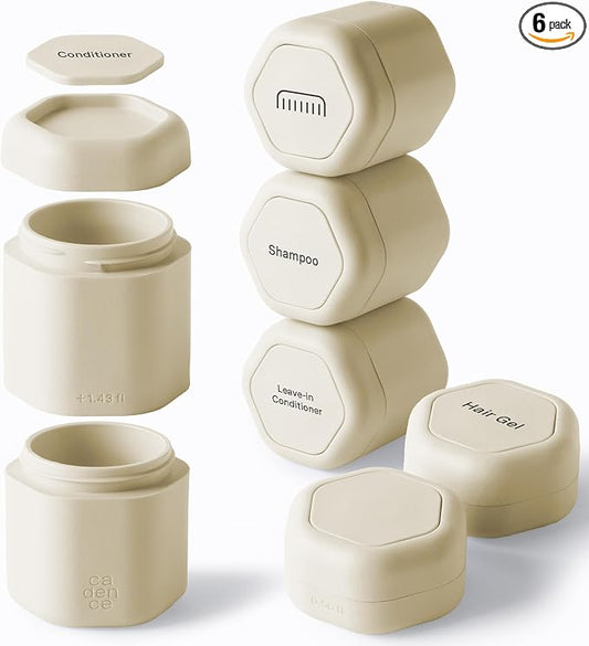 Cadence Travel Containers - 6 Piece Haircare Set - Magnetic Travel Capsules - 2 Small & 4 Medium Capsules - Shampoo, Conditioner, Leave-In Conditioner, Comb, Hair Serum, Hair Gel Labels - Sand by KeepYourCadence