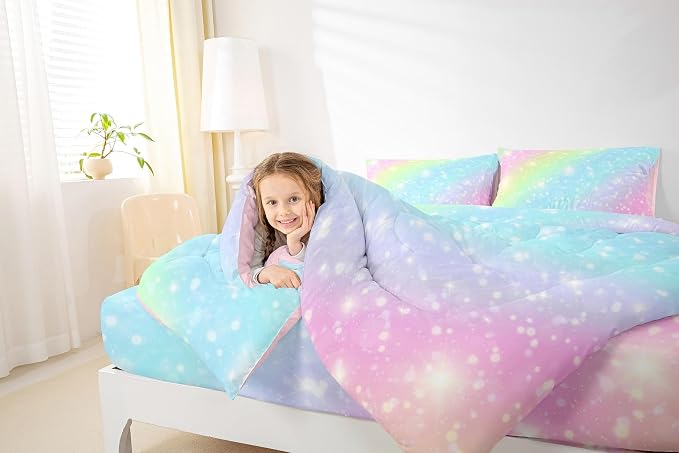 Erosebridal Rainbow Bedding Set for Kids Girls Teens Women Tie Dye Pastel Comforter Set King Size Golden Stars Glitter Bedding Comforter Set Watercolor Art Girly Quilt Set Sweet Bedroom Decor 3 Piece - Image 6