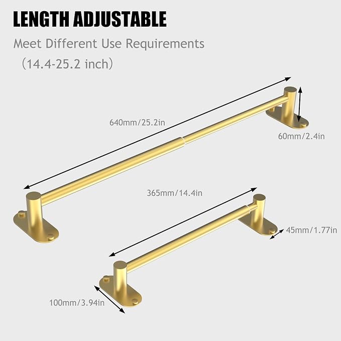 Towel Bar, Adjustable 14.4inch - 25.2inch Towel Rack, Self Adhesive & Wall Mounted for Bathroom Kitchen Hand Towel Holder Cloths Hanger SUS 304 Stainless Steel Single Bar (3, Gold) - Image 3