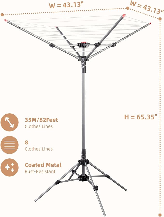 STORAGE MANIAC Portable Umbrella Clothes Drying Rack 8 Lines with 82 Feet Drying Space, Steel Frame & Adjustable Height, 4-arm Umbrella Clothesline for Laundry, Collapsible Indoor & Outdoor Drying - Image 2