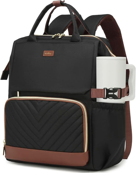 Work Backpack for Women, Teacher Nurse Bookbag Laptop Backpack with Cup Holder & USB Charger for Travel, College School Bags for Teen Girl, Black Brown