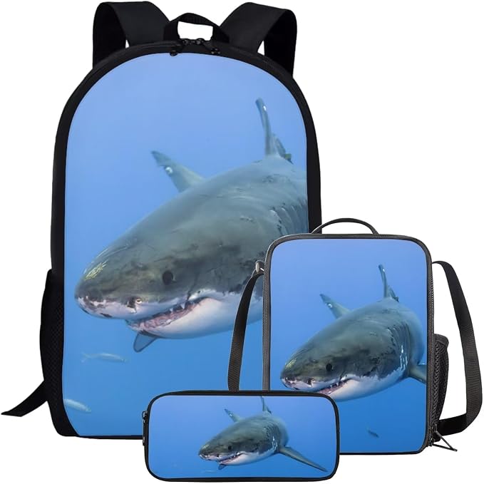 Kids Novelty Animal Backpack and Lunch Box for Boys Girls Student Lightweight 17 Inch School Shark Backpack with Lunch Bag Pencil Case Kids Comfy Padded Black Large Bookbag by Parprinty