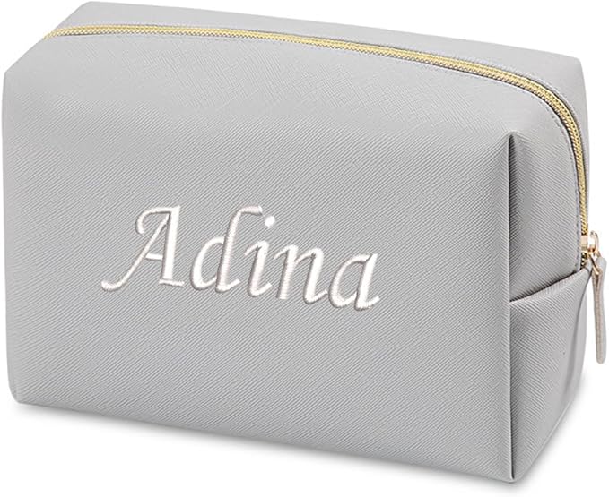 GOPHIE Personalized Embroidered Makeup Bag, Toiletry Bag for Women, Large Cosmetic Travel Bag, Gift For Bridesmaid,Gray by GOPHIE