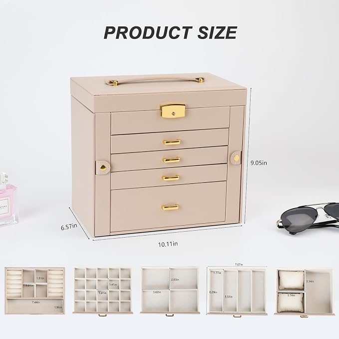 Jewelry Box, Women's Jewelry Organizer with Mirror, 5 Layers & 4 Drawers, Apricot - Image 7