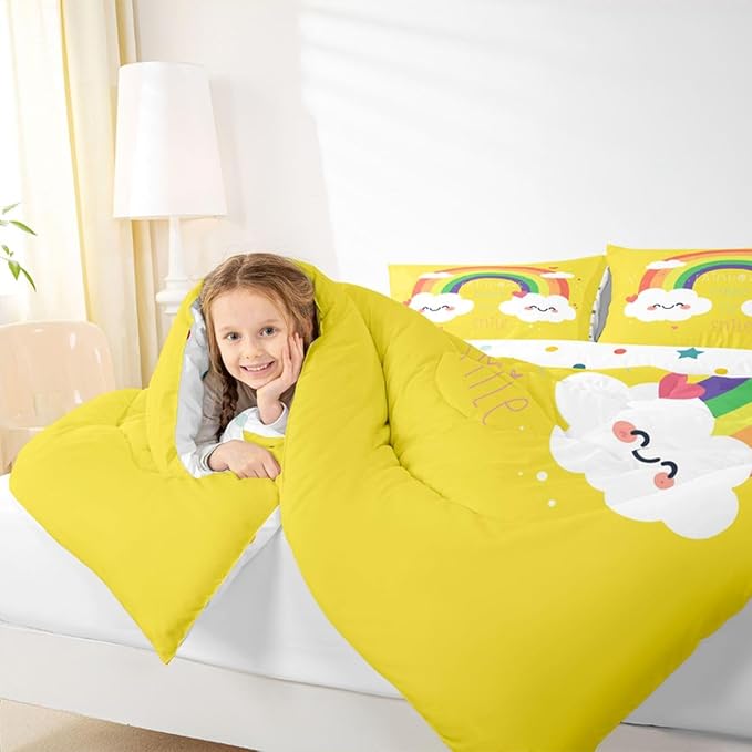 Erosebridal Rainbow Quilted Comforter King Size, Kawaii Comforter Set Love Heart Bedding Set Cartoon Rainbow Iridescent Down Comforter,3 Pcs One Bed Comforter and Two Pillowcases in One Bag, Yellow - Image 5