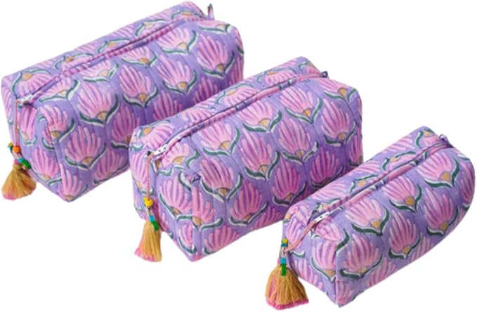 Saffron Marigold Quilted Makeup Bag Set of 3, Hand Block Printed Cotton Cosmetic Bags for Women, Waterproof Lined Travel Toiletry Bag, Coquette Floral Aesthetic, Handmade Gift, Lilac Flame by SaffronMarigold