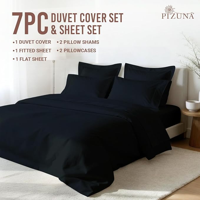 Pizuna Pure 100% Long-Staple Cotton Duvet Cover + Sheet Set King, Luxurious 400 Thread Count Long Staple Cotton, Soft Sateen Weave Bedding Set (Black) - Image 3