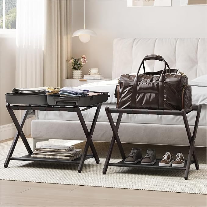 Smart FENDEE 2 Pack Luggage Rack, Folding Luggage Rack for Guest Room, Brown Bamboo Suitcase Stand Holds up to 131 lb, Luggage Stand with Storage Shelf for Hotel, Bedroom by SmartFENDEE