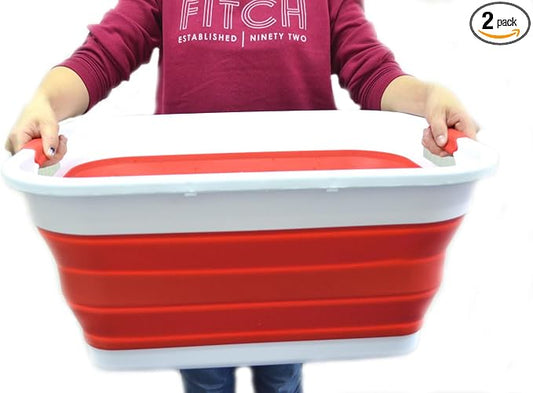 SAMMART Set of 2-41L(10.8 gallon) Collapsible Plastic Laundry Basket-Pop Up Storage Container-Portable Washing Tub-Space Saving Hamper/Basket, Water capacity:32L(8.4 gallon) (2 Rectangular, Red) by SAMMART