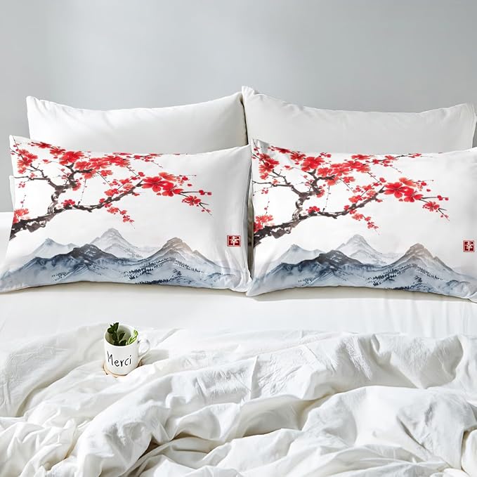 Cherry Blossoms Comforter Cover Twin Size for Girls Women Japanese Red Floral Decor Bedding Set Adult Teens Japanese Style Ukiyoe Theme Soft Duvet Cover Mount Fuji Pattern Bedspread with Zipper Ties - Image 4