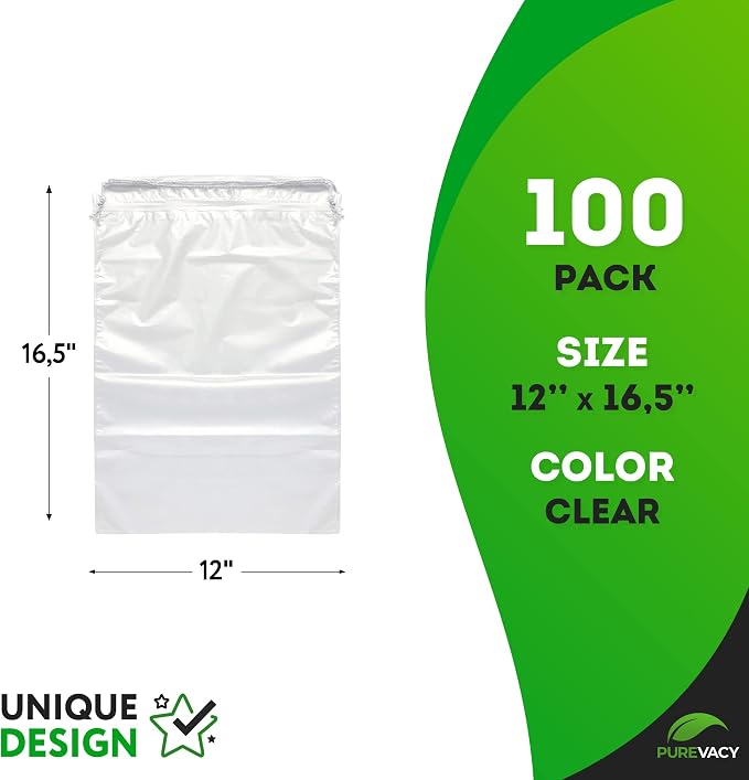 Clear Drawstring Bags, 12 x 16 Inch Plastic Shoe Bags with Cotton Drawstrings, Pack of 100 for Travel Storage and Packaging - Image 2