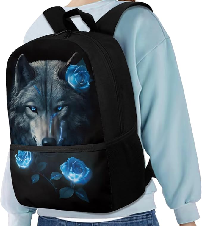 Wolf Backpack for Girls Kids Backpack with Lunch Box Water Bottle Pouch and Big Pencil Case 4PCS Set Bookbag with Front Pocket for School Teens 17" Large Capacity School Bag with Side Pocket - Image 2