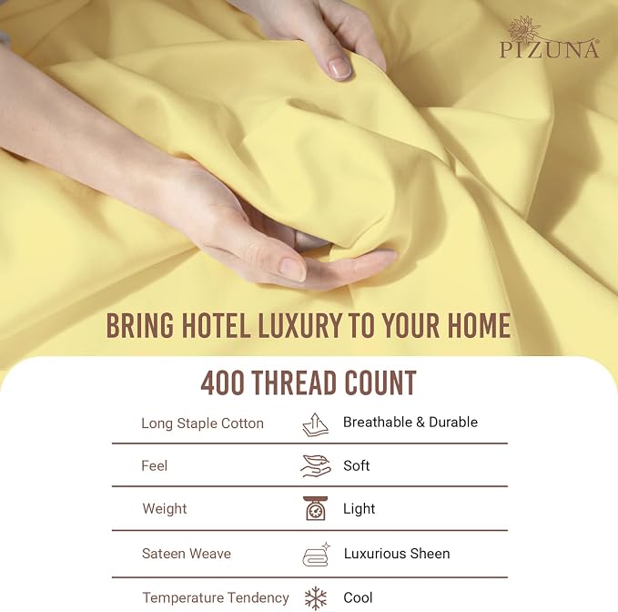Pizuna Pure 100% Long-Staple Cotton Duvet Cover + Sheet Set Twin, Luxurious 400 Thread Count Long Staple Cotton, Soft Sateen Weave Bedding Set (Mellow Yellow) - Image 5