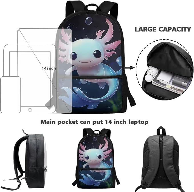 Axolotl Bookbag for Girls with Lunchbox Kids School Bag for Girls Ages 6-8 and Lunch Box Set Cute Backpack Elementary School Bookbag/Lunch Bag/Pencil Case/Water Bottle Holder for 3rd Grade - Image 4
