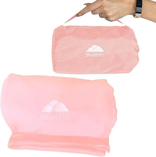 BlueHills Ultra Compact Travel Blanket Pillow Soft Airplane Throw - Pink | 70 X 56 Long, Luggage Strap & Carabiner, Compact Lightweight, Airplane Traveling Essential Accessories, Cruise Throw in Bag by BlueHills