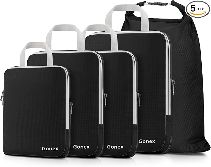Gonex Compression Packing Cubes, 5pcs Expandable Storage Travel Luggage Bags Organizers with Laundry Bag (Black) by Gonex