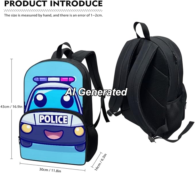 Police Car Kids Backpack for Boys Elementary Kindergarten Preschool School Bag Girls Bookbag with Lunch Box and Pencil Bag Set 3-in-1, Blue - Image 3
