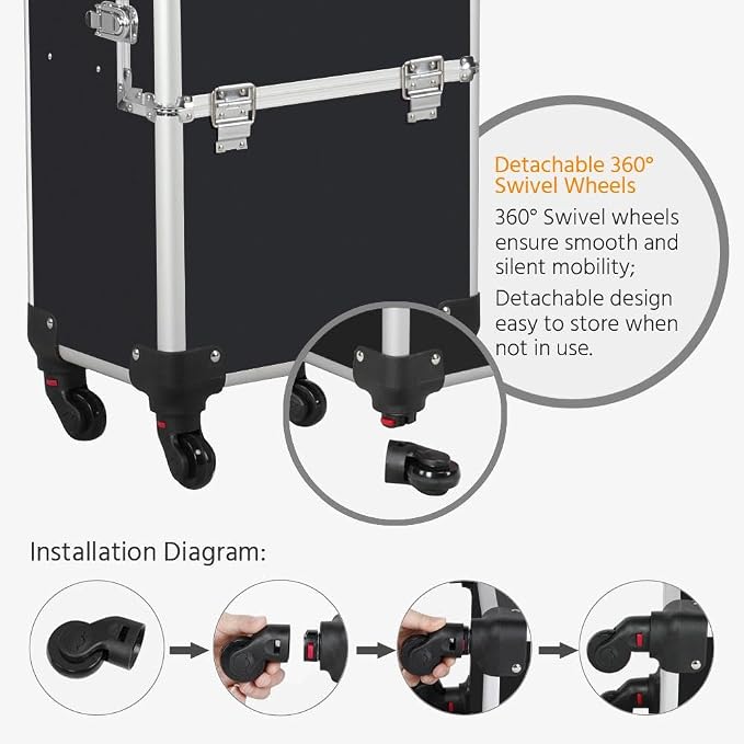 Yaheetech Rolling Makeup Train Case, Cosmetology Nail Organizer, Black | Aluminum frame and PVC shell hold a full 66 lb kit; movable dividers organize every tool, and it splits to travel on wheels - Image 8