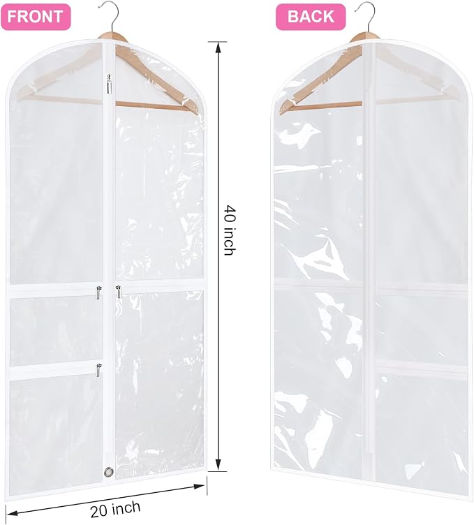 Windyun 10 Pack Garment Bags for Dance Costumes Kids 40 Inch Clothing Bags Hanging Clothes with 3 Clear Zipper Pocket Waterproof Garment Cover for Dance Competition, Travel, Closet Storage(White) - Image 2