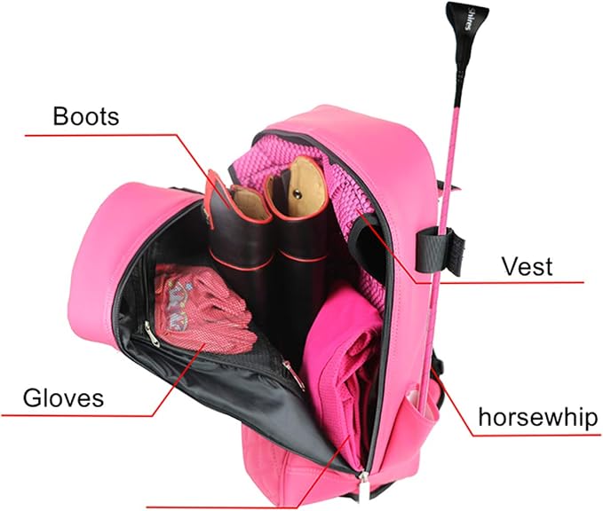 Professional Equestrian Bag Durable PU Leather Waterproof Horse Riding Boot Carry Bag with Helmet Hat Compartment (Pink) - Image 3