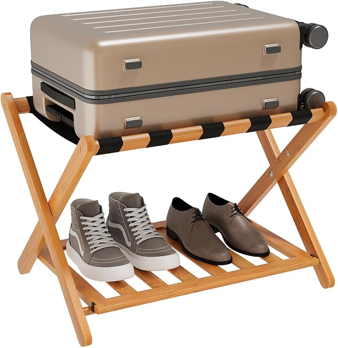 Smuxee Fully Assembled Honey Luggage Rack, Upgraded Bamboo Foldable Suitcase Stand with 5 Nylon Straps, Luggage Holder with Shelf for Guest Room Bedroom Hotel - Image 8