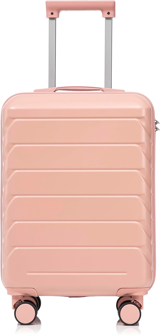 GDFStudio 20" ABS Hardshell Checked Luggage, Medium Capacity Travel Suitcase with Scratch Resistant Surface, 360° Silent Spinner Wheels, Combination Lock, Telescopic Handle and Side Hooks, Pink by GDFStudio