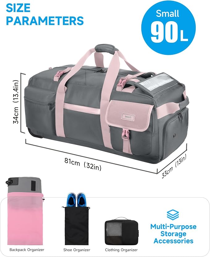 Foldable 90L Rolling Duffel Bag with Wheels, 4-in-1 Carry Water-resistant Travel Duffle with Shoe Compartment&Quick-Access Pockets, Multi-Purpose Bag for Gym, Camping - Image 8
